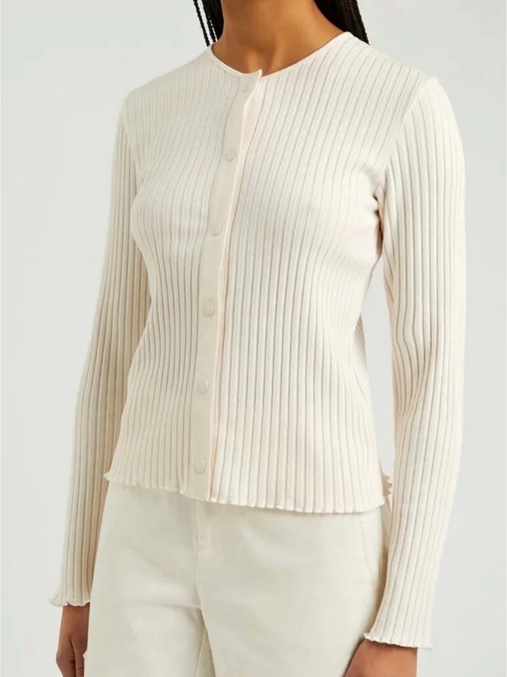 Vince Ribbed Button-Front Cardigan in Cream Size Large - Picture 2 of 3